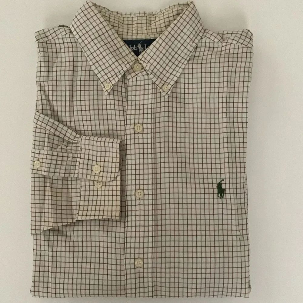 Ralph Lauren Yarmouth Cotton Plaid White Tan Long Sleeve Shirt Size 16/32-33